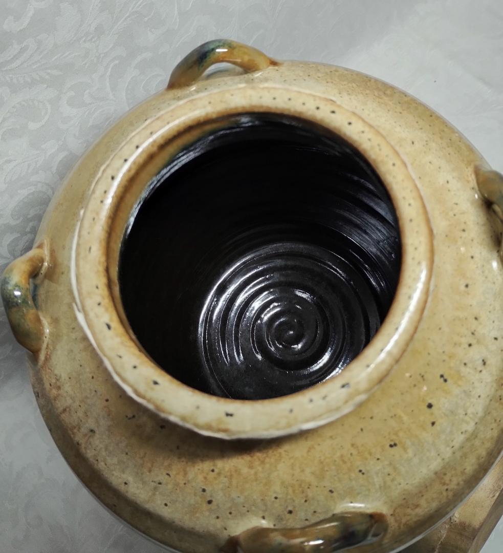 高台寺窯　森里陶楽造 天目釉 飾壷 三本紐・網紐