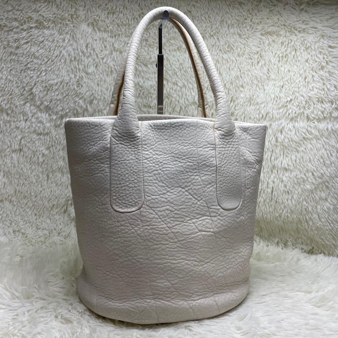 【美品】ヒロフ トートバッグ バケツ型 シボ革 ホワイト Hロゴ 手提げ