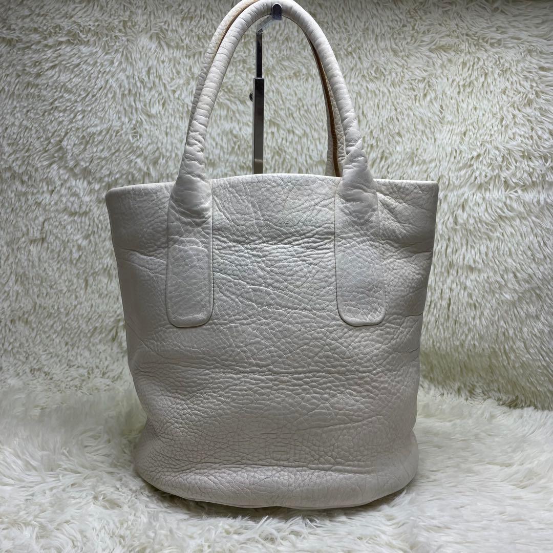 【美品】ヒロフ トートバッグ バケツ型 シボ革 ホワイト Hロゴ 手提げ