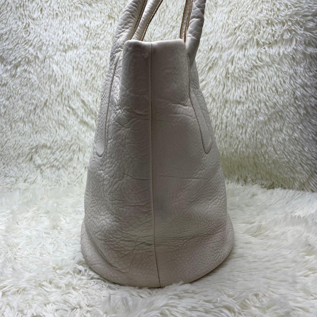 【美品】ヒロフ トートバッグ バケツ型 シボ革 ホワイト Hロゴ 手提げ