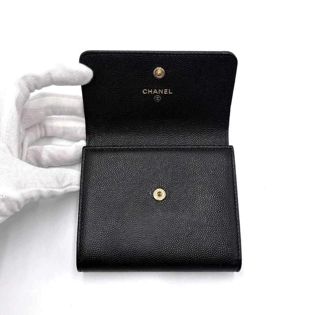 希少✨CHANEL シャネル ステッチ ココマーク キャビアスキン 三つ折り財布