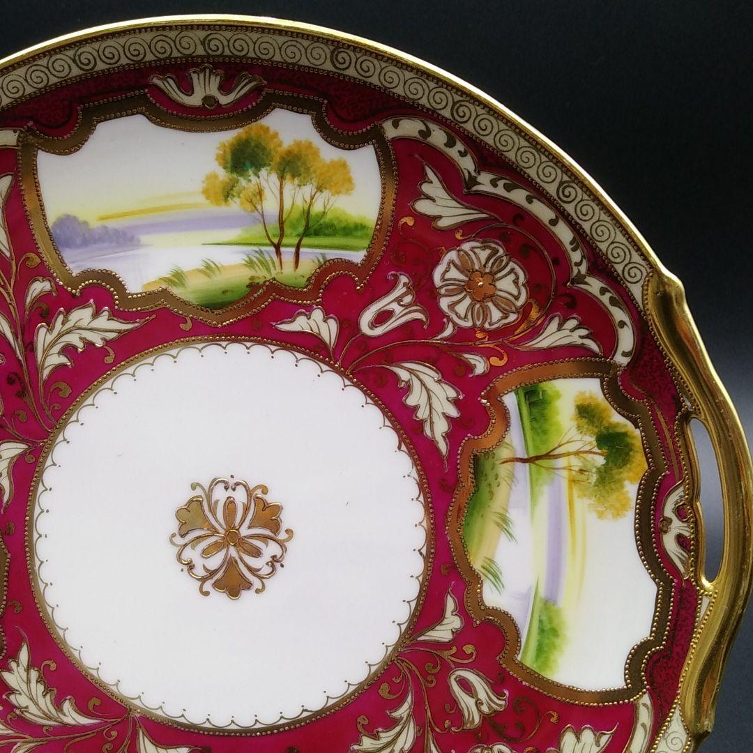 オールドノリタケ 英国市場向け エンジ地 窓絵風景図 サービングプレート