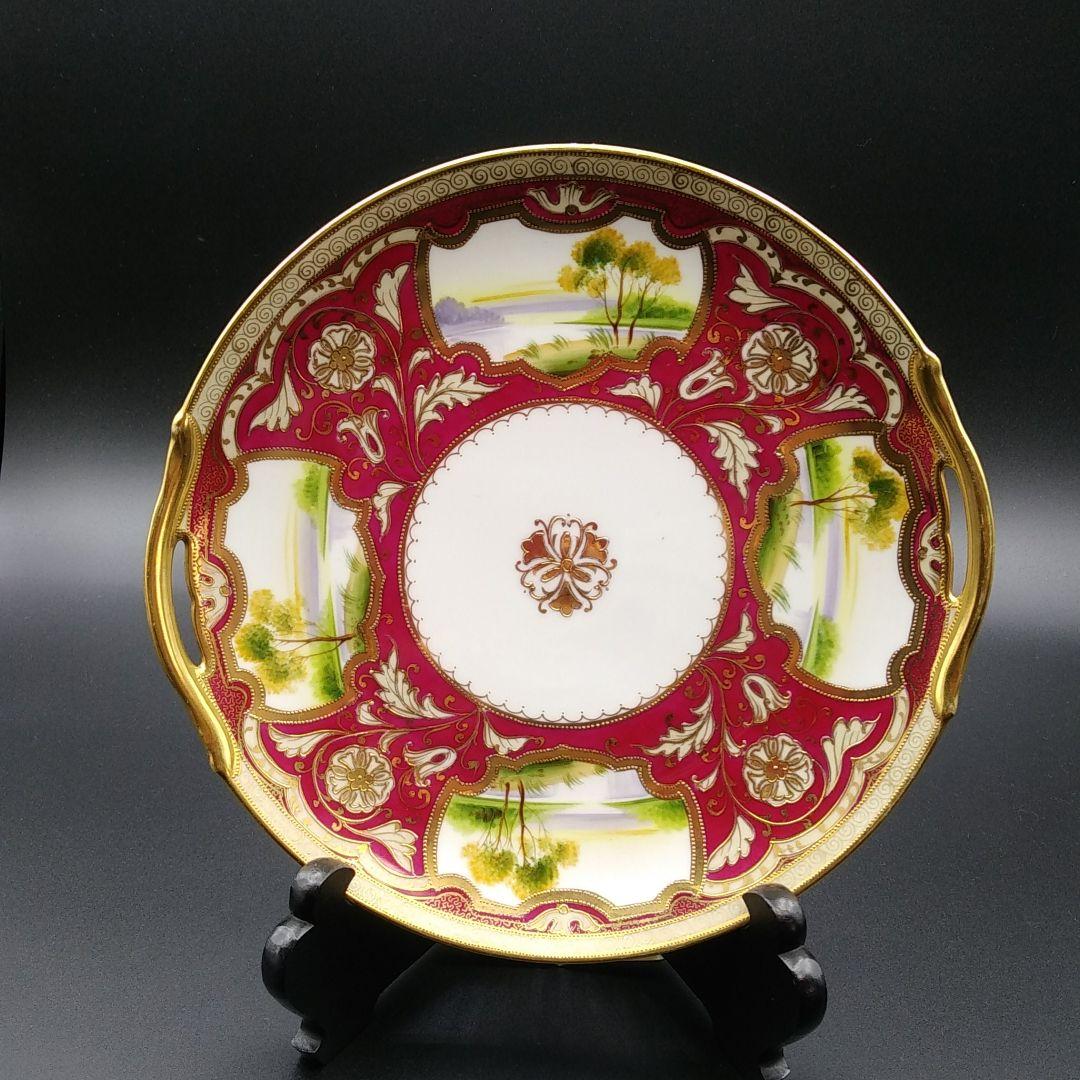 オールドノリタケ 英国市場向け エンジ地 窓絵風景図 サービングプレート