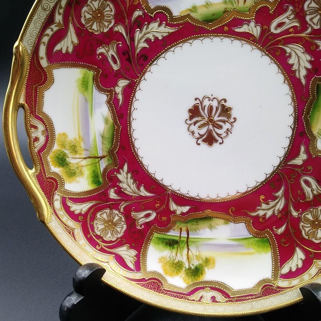 オールドノリタケ 英国市場向け エンジ地 窓絵風景図 サービングプレート