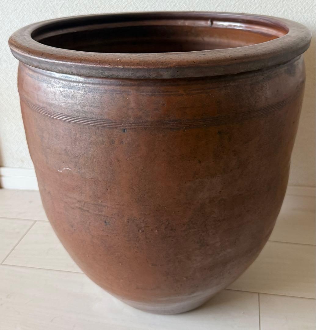 ツボ　メダカ　睡蓮　庭　壺　風情　常滑焼？ 陶器製 円筒形 鉢 約30cm以上