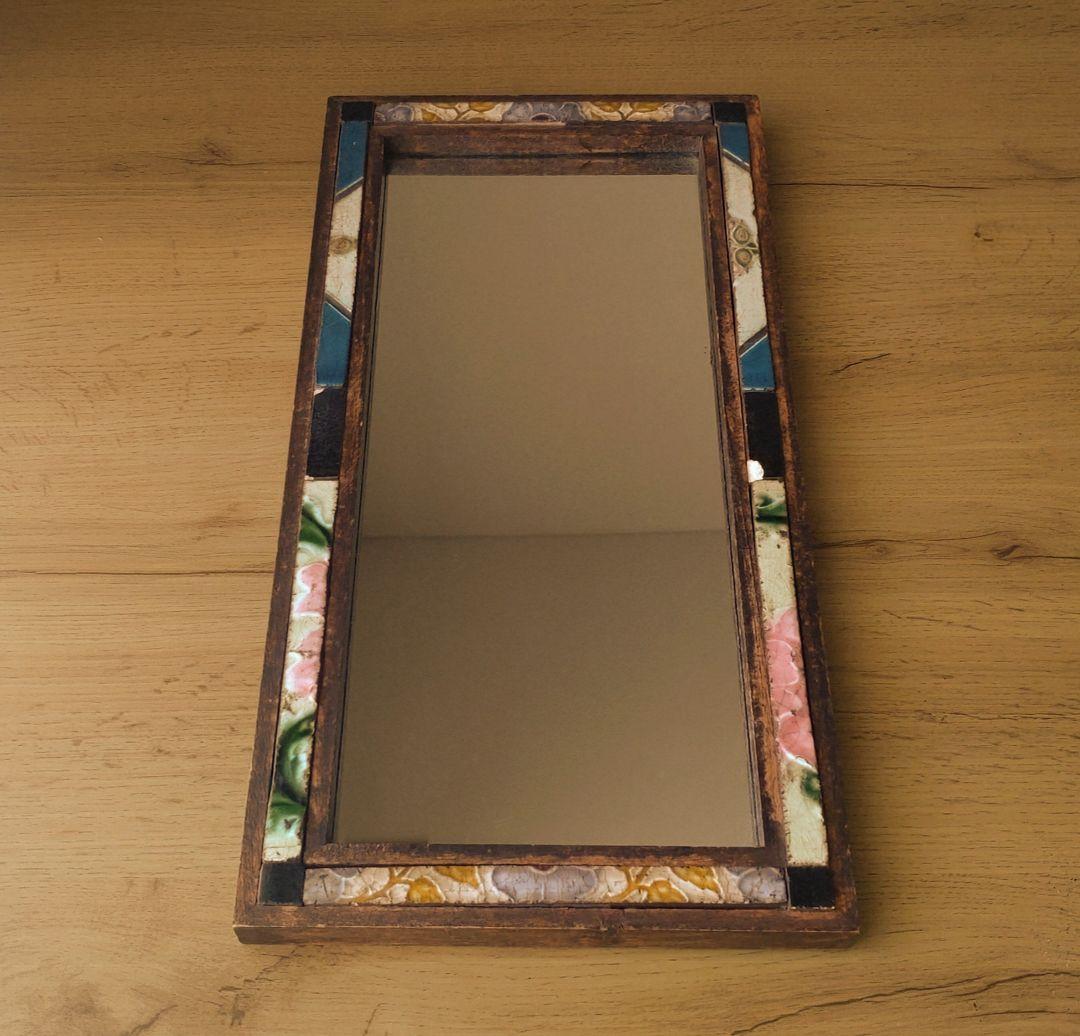 アンティーク　マジョリカタイルミラー　アンティークタイルの鏡　壁掛け鏡　レトロ