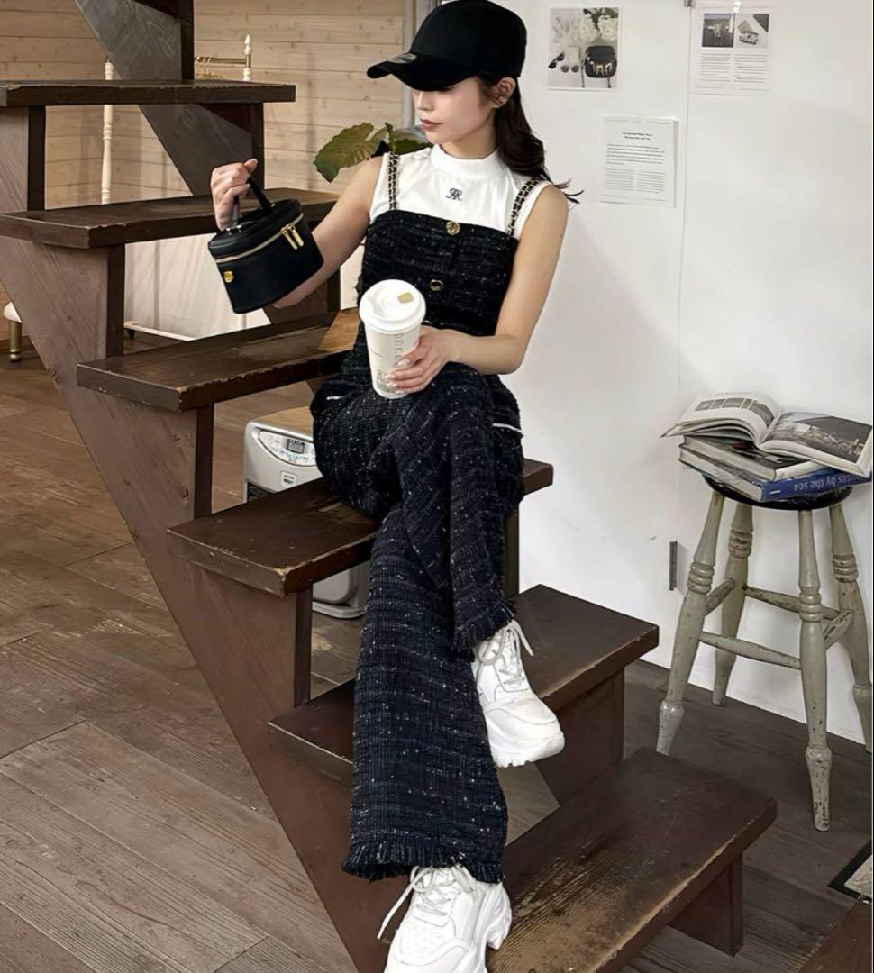 美品 ロイヤルパーティ ダブルチェーンストラップツイードオールインワン