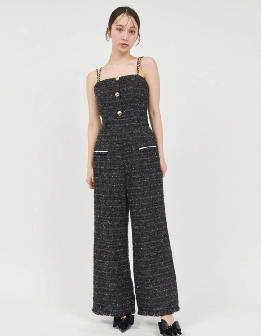 美品 ロイヤルパーティ ダブルチェーンストラップツイードオールインワン