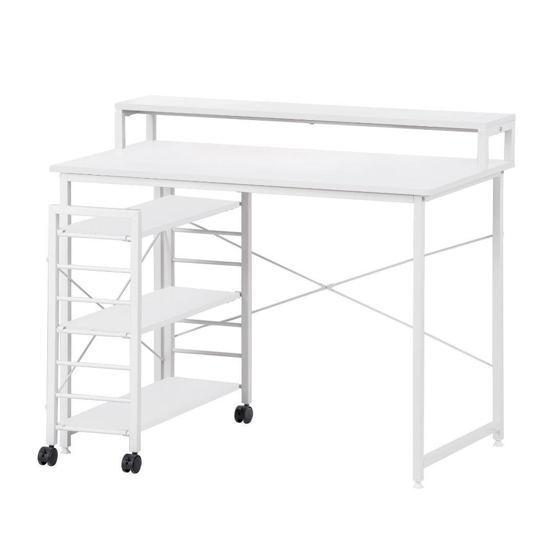 【ホワイト】パソコンデスク キャスター付きで移動可能ラック付き