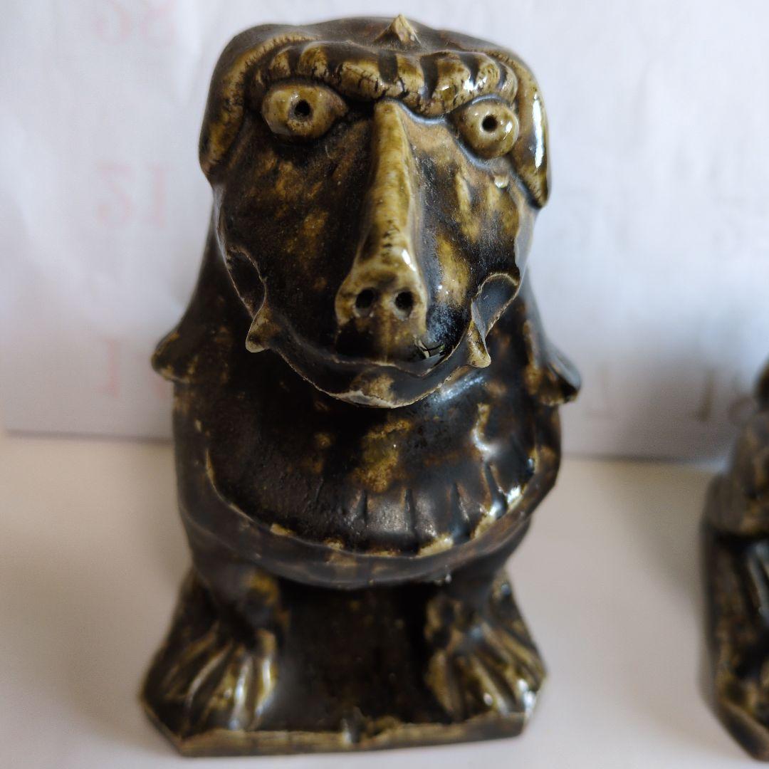 黒織部 　狛犬　阿吽像 　一対　骨董