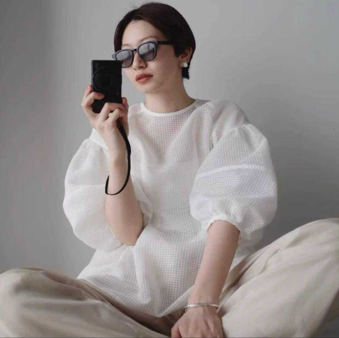 【美品】CLANE SHEER PLAID VOLUME SLEEVE TOPS