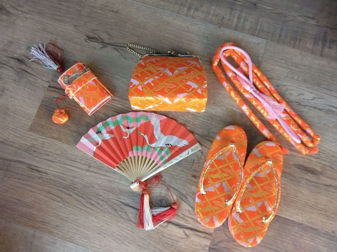 七五三用　女の子　オレンジ　鶴柄　ハコセコセット