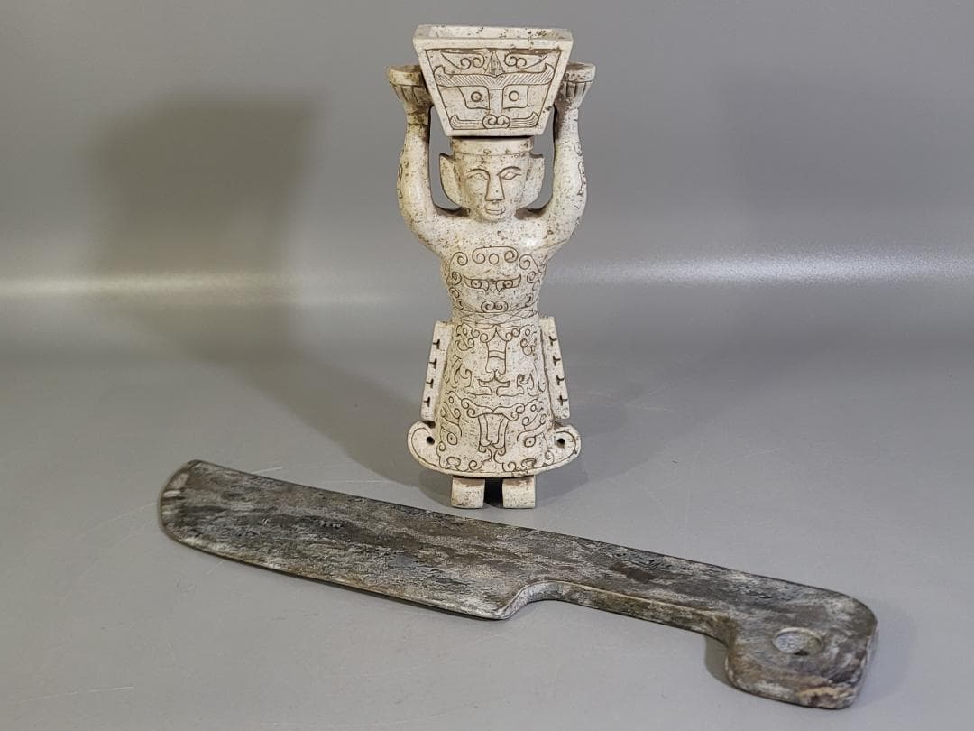 中国 石刻 人物 刃 置物 二件 DT379