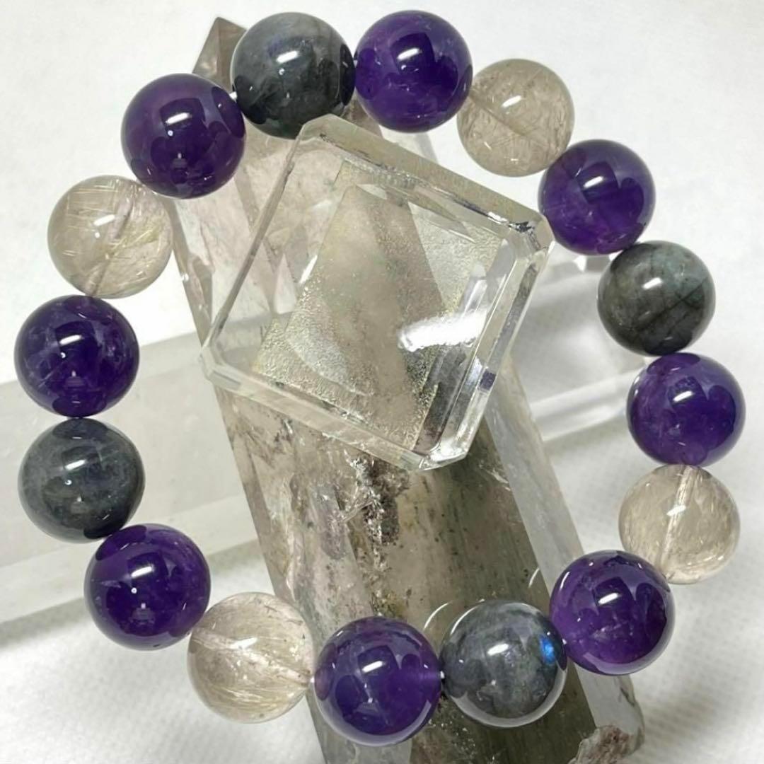 ラブラドライト　アメジスト　ルチル　パワーストーンブレスレット　内径約18cm