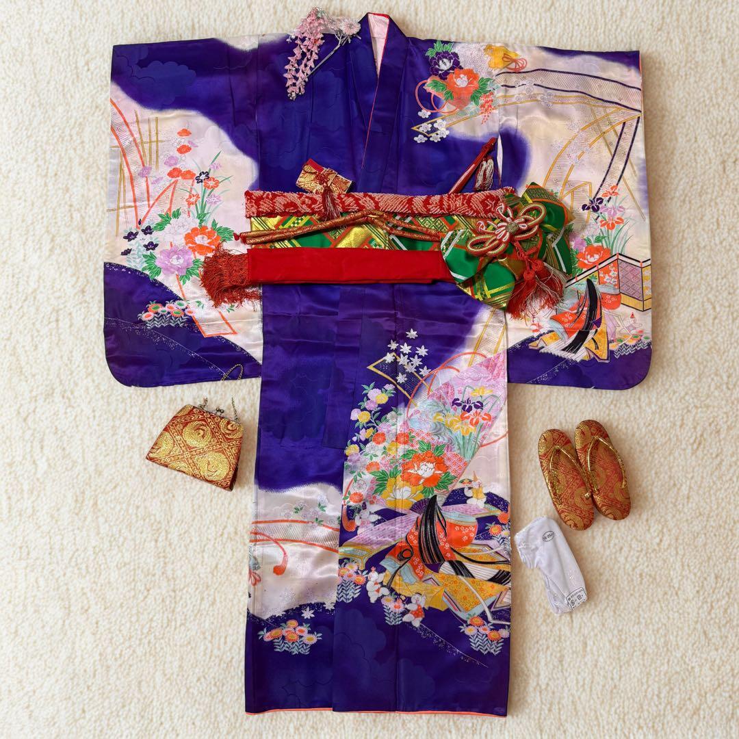七五三　7歳　女の子　フルセット　正絹　紫　箱せこ　753 祝着