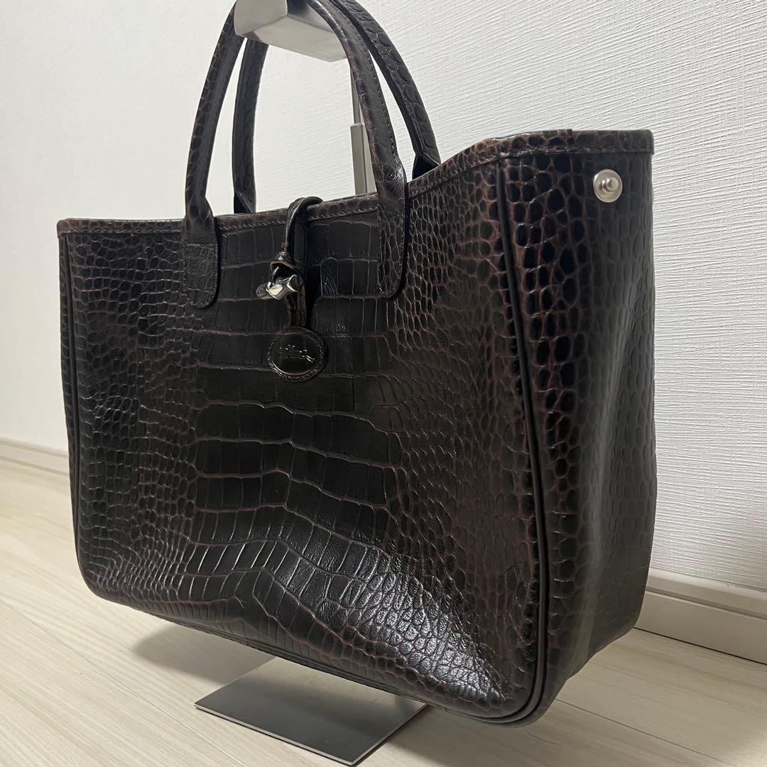 美品　Longchamp　レザートートバッグ　ロゾ　クロコ型押し　ブラウン