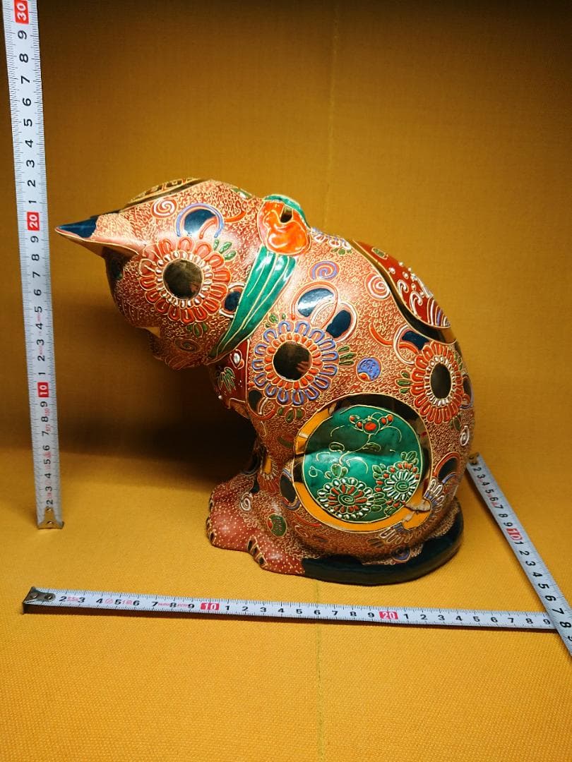 【美品】骨董　猫　陶器　九谷焼　置物　インテリア　工芸品　美術品　A2745