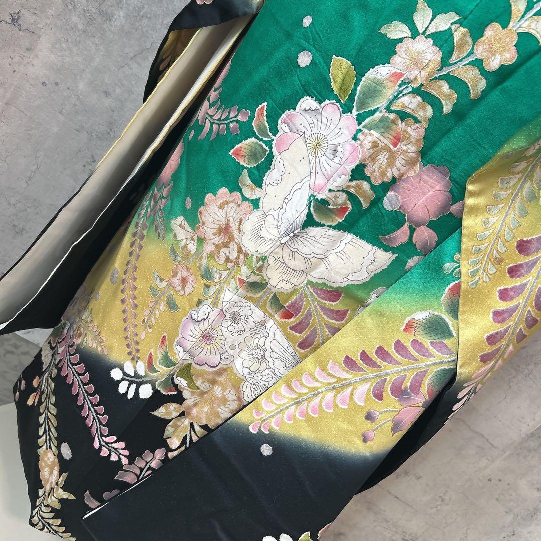 振袖　フルセット　辻が花　成人式　グリーン　ブラック　綸子　m5