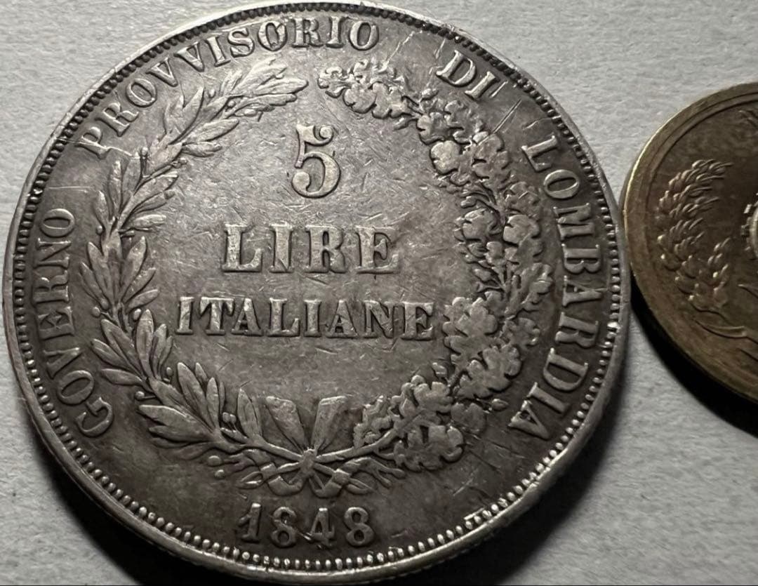 招*@様 1848年イタリア　ミラノ　ロンバルディア革命臨時政府 5リラ銀貨