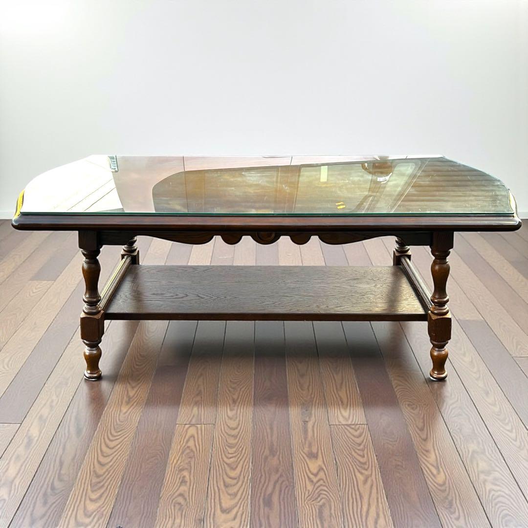 希少❣️送料無料✨飛騨産業 ガラス天板ローテーブル 無垢材 ヴィンテージ 高級家具