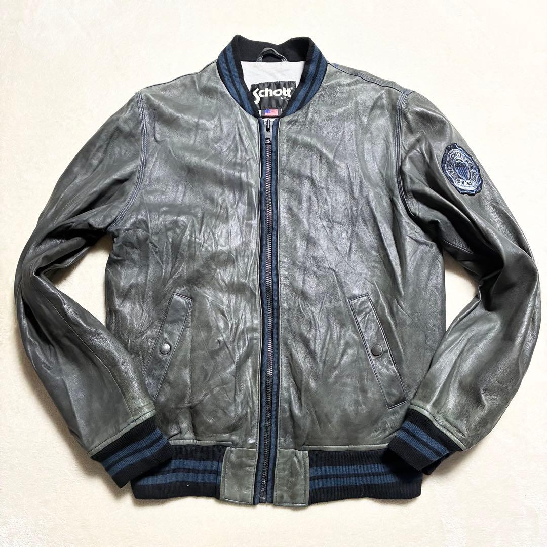 【状態良好】SCHOTT☆レザージャケット☆羊革☆グレー☆M☆ワッペン☆