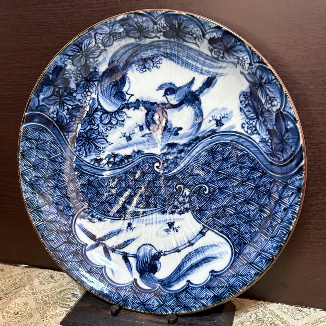 希少✨未使用保管✨京焼 清水焼 加藤利昌 青華祥瑞花鳥 10号皿 箱入✨飾皿 皿