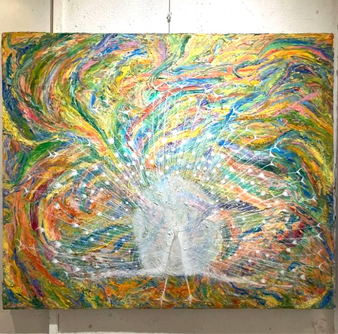 絵　絵画　白孔雀　春の訪れ　縁起が良い　多色の抽象画 大きなキャンバス作品