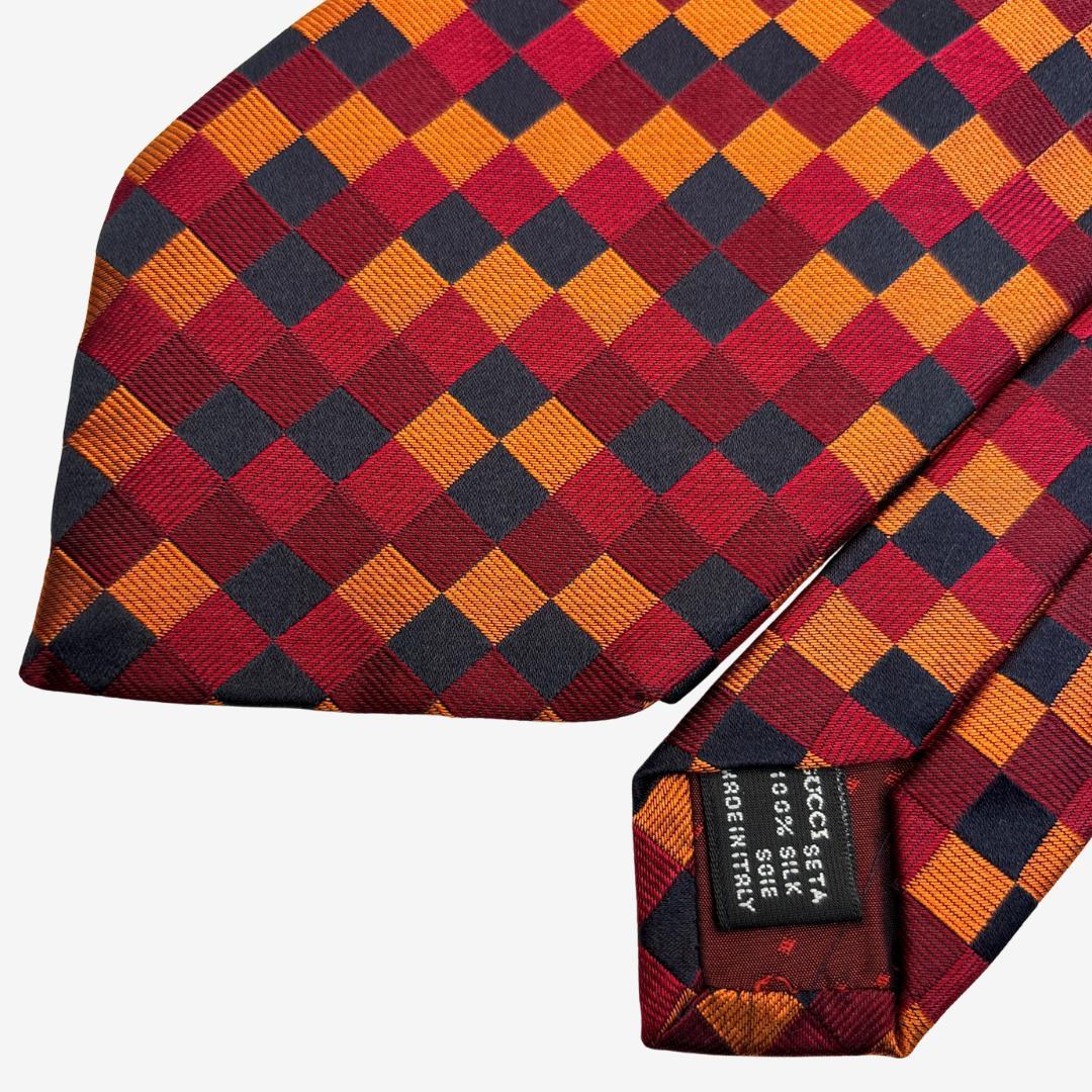 GUCCI シルクネクタイ チェック柄 レッド×オレンジ