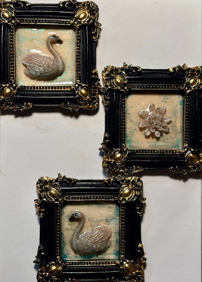 【3点セット】3Dフレームアート 白鳥と花｜立体オブジェ・ハンドメイド・一点物