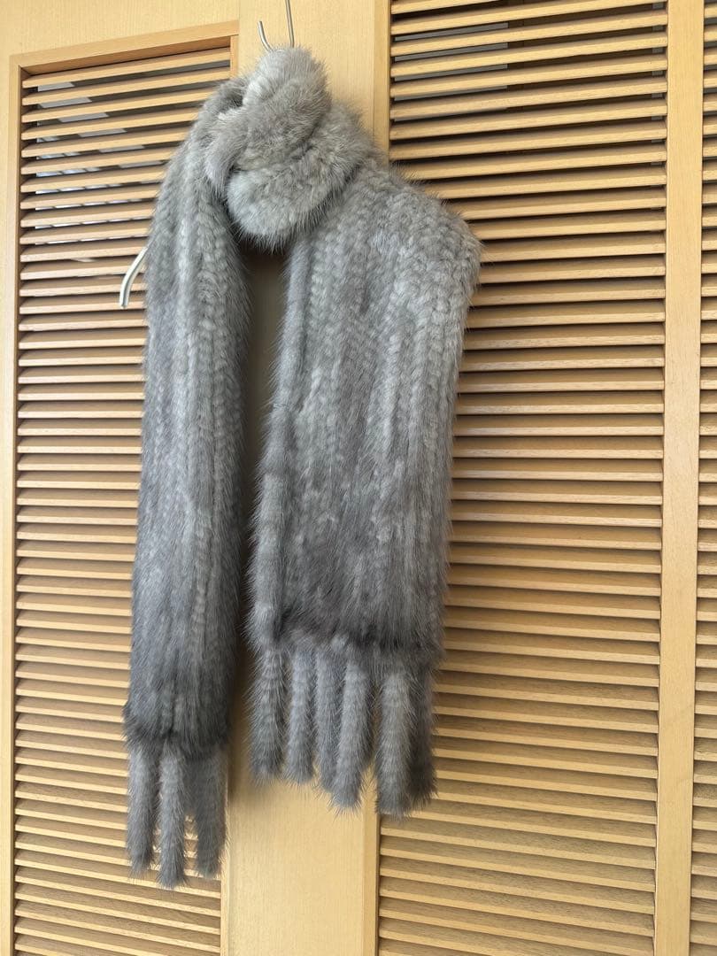 毛皮ミンク ショール フリンジ付き ストール ホワイトグレー系