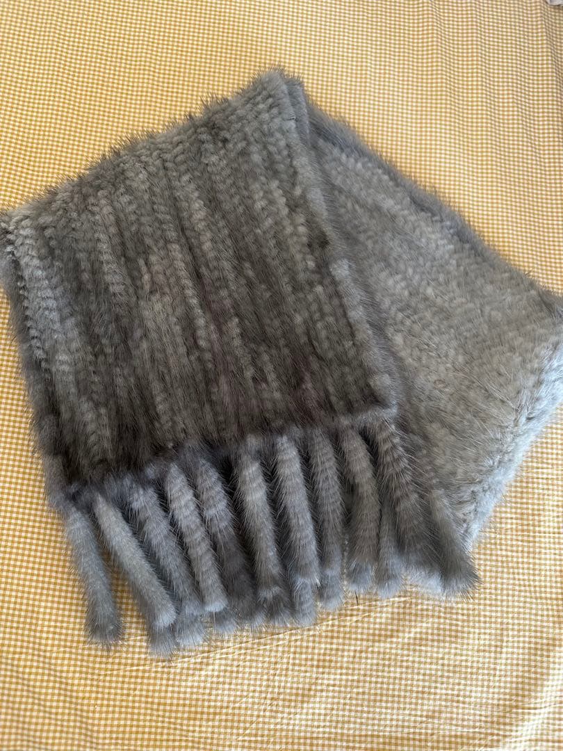 毛皮ミンク ショール フリンジ付き ストール ホワイトグレー系