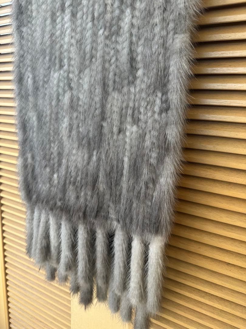 毛皮ミンク ショール フリンジ付き ストール ホワイトグレー系