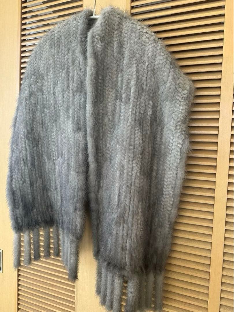 毛皮ミンク ショール フリンジ付き ストール ホワイトグレー系