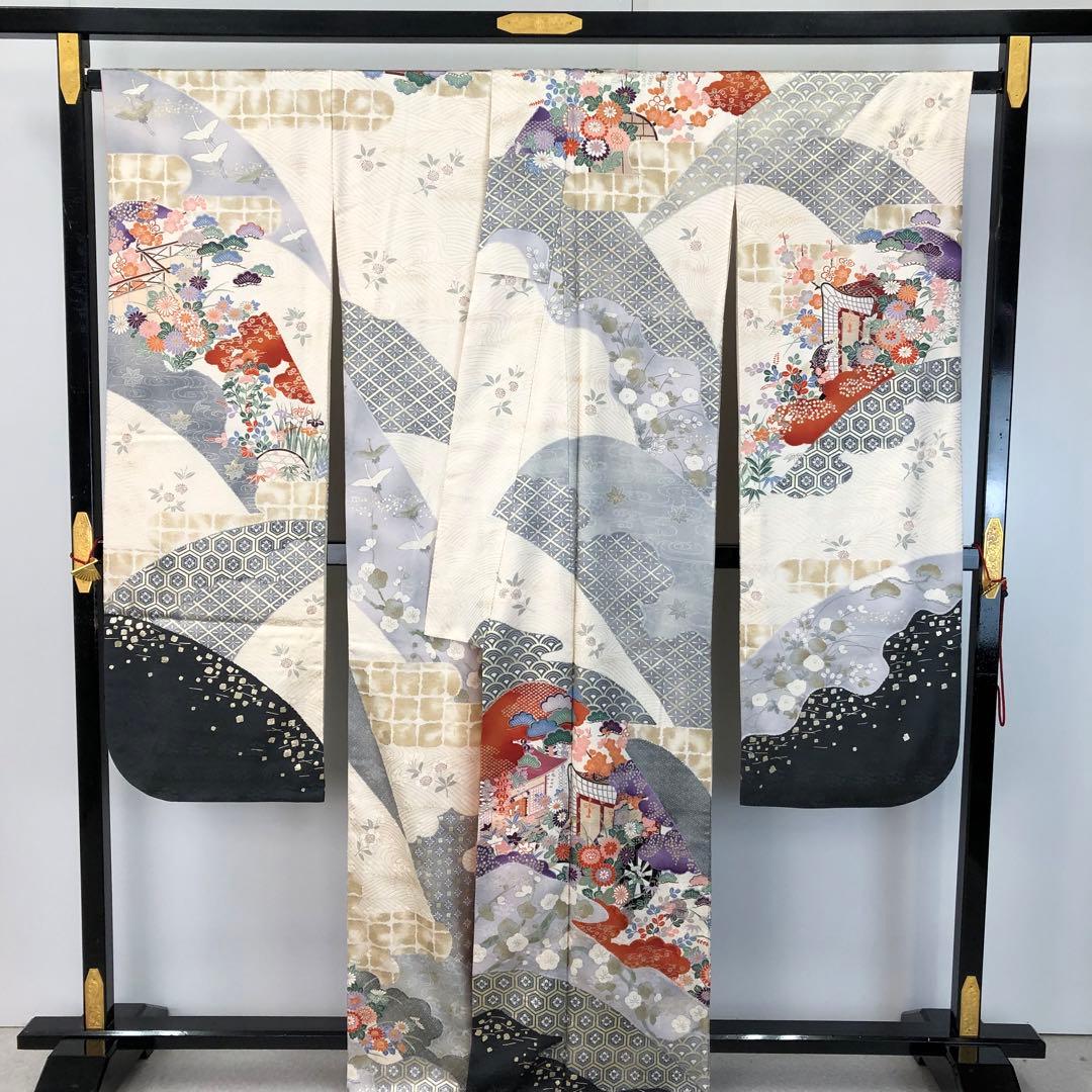 振袖 御所車 花模様 花亀甲 生成色 金彩 トールサイズ KK-2123