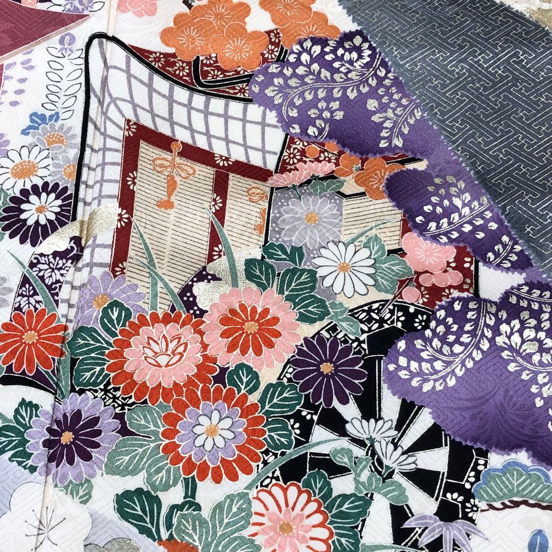 振袖 御所車 花模様 花亀甲 生成色 金彩 トールサイズ KK-2123