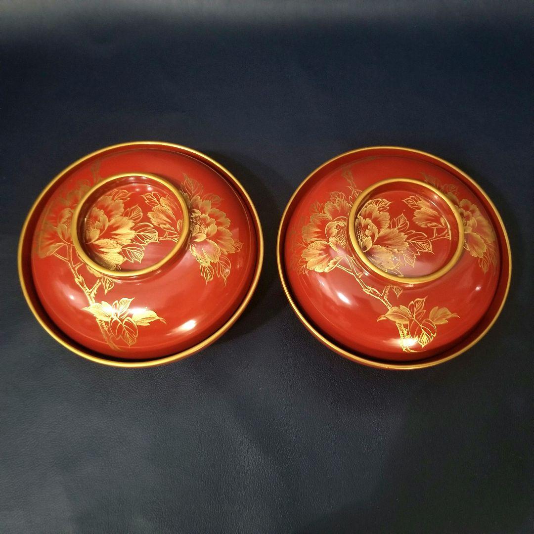 輪島塗 吸物椀 朱塗 沈金牡丹花文 吸物椀 煮物椀 懐石椀 2客