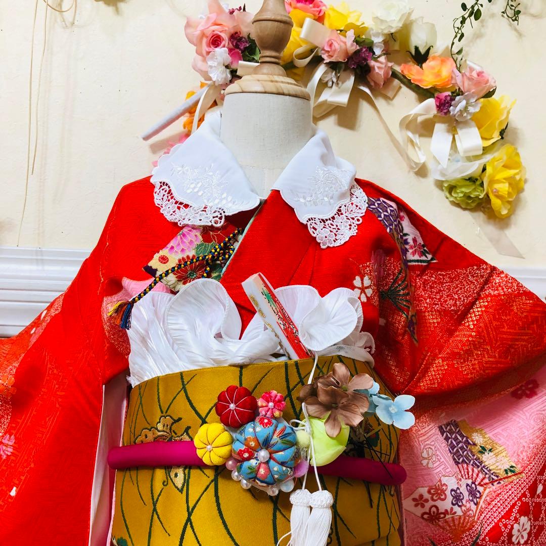 豪華7歳完全フルセット⭐︎人気赤地暈し絞り柄⭐︎花車金彩煌びやか逸品