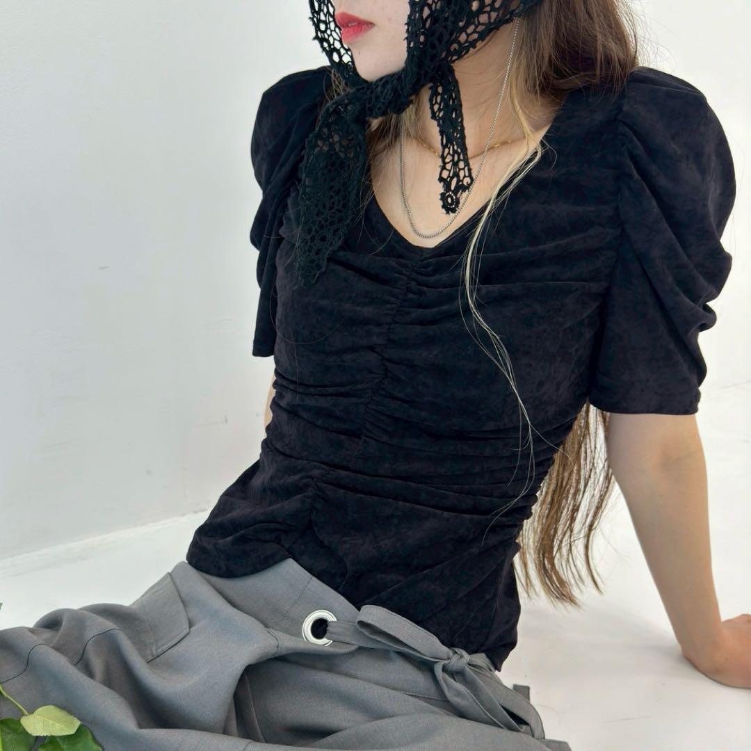 STUDIOUS別注 fetico velour gatherd top BLK