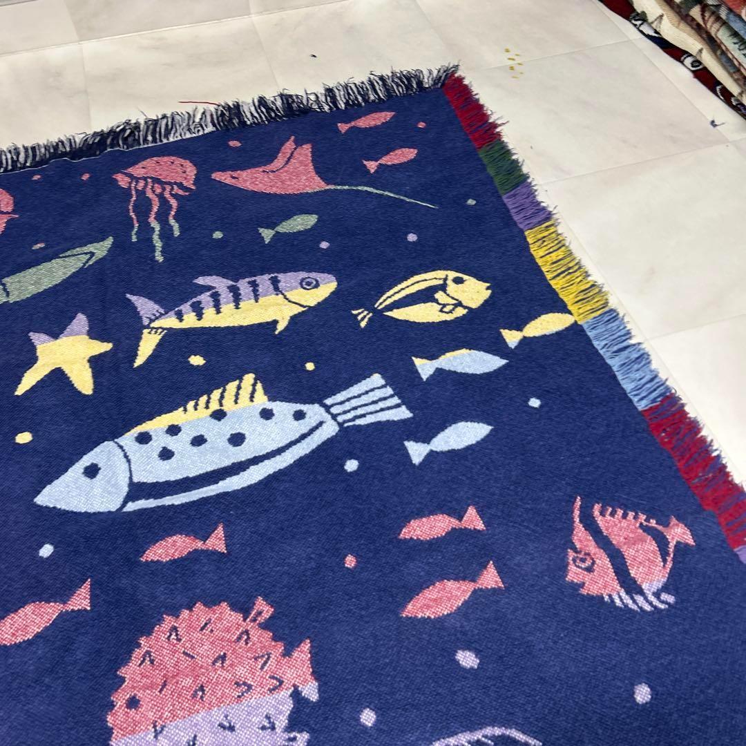 魚　海　マルチカバー　ソファーカバー　ヴィンテージラグ　176x121