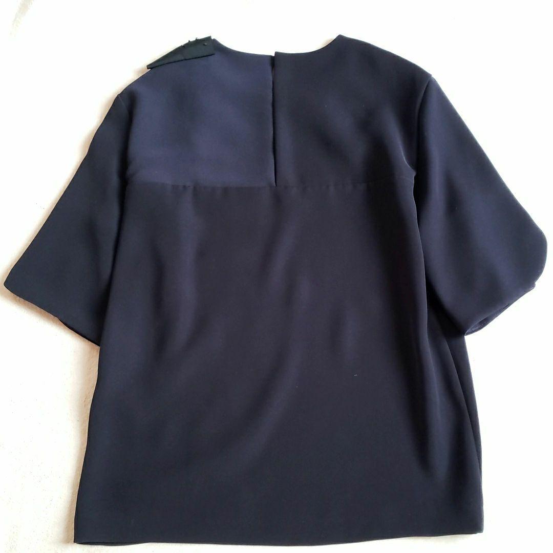 FOXEY NEW YORK　ブラウス リボン　ビジュー　ネイビー　とろみ