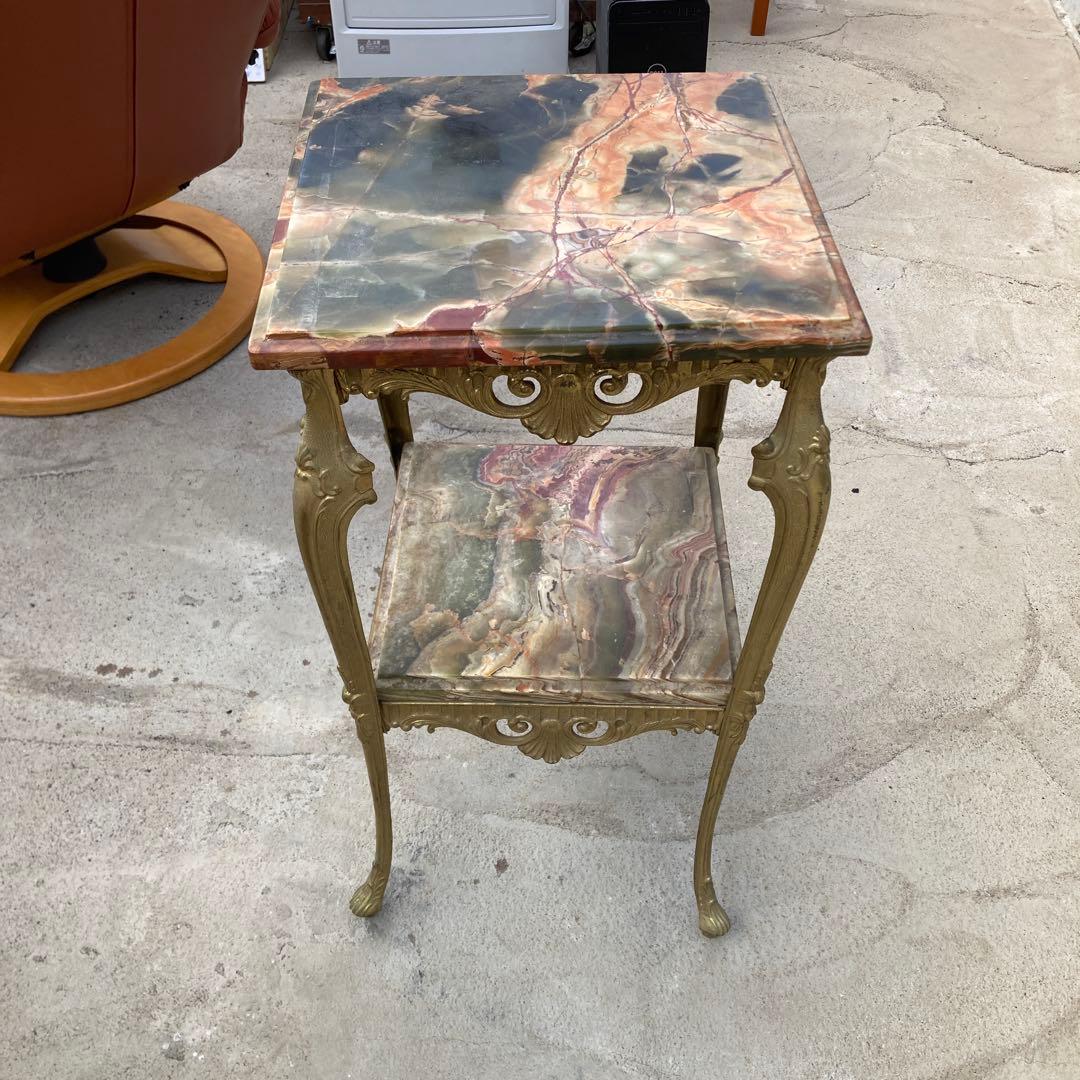 イタリア製 飾り棚 花台 大理石 オニキスロココ調 猫脚 2段 ゴールド 金色