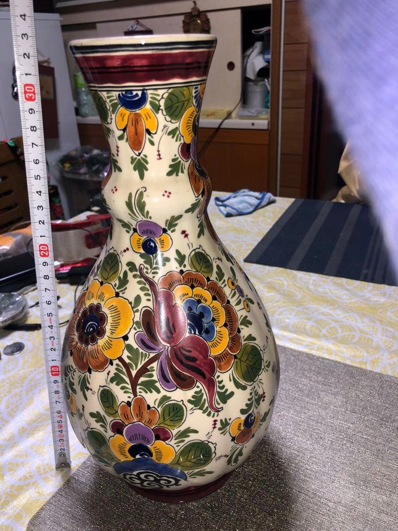 骨董 珍品 アンティーク花瓶 花柄 手描き シリアル入