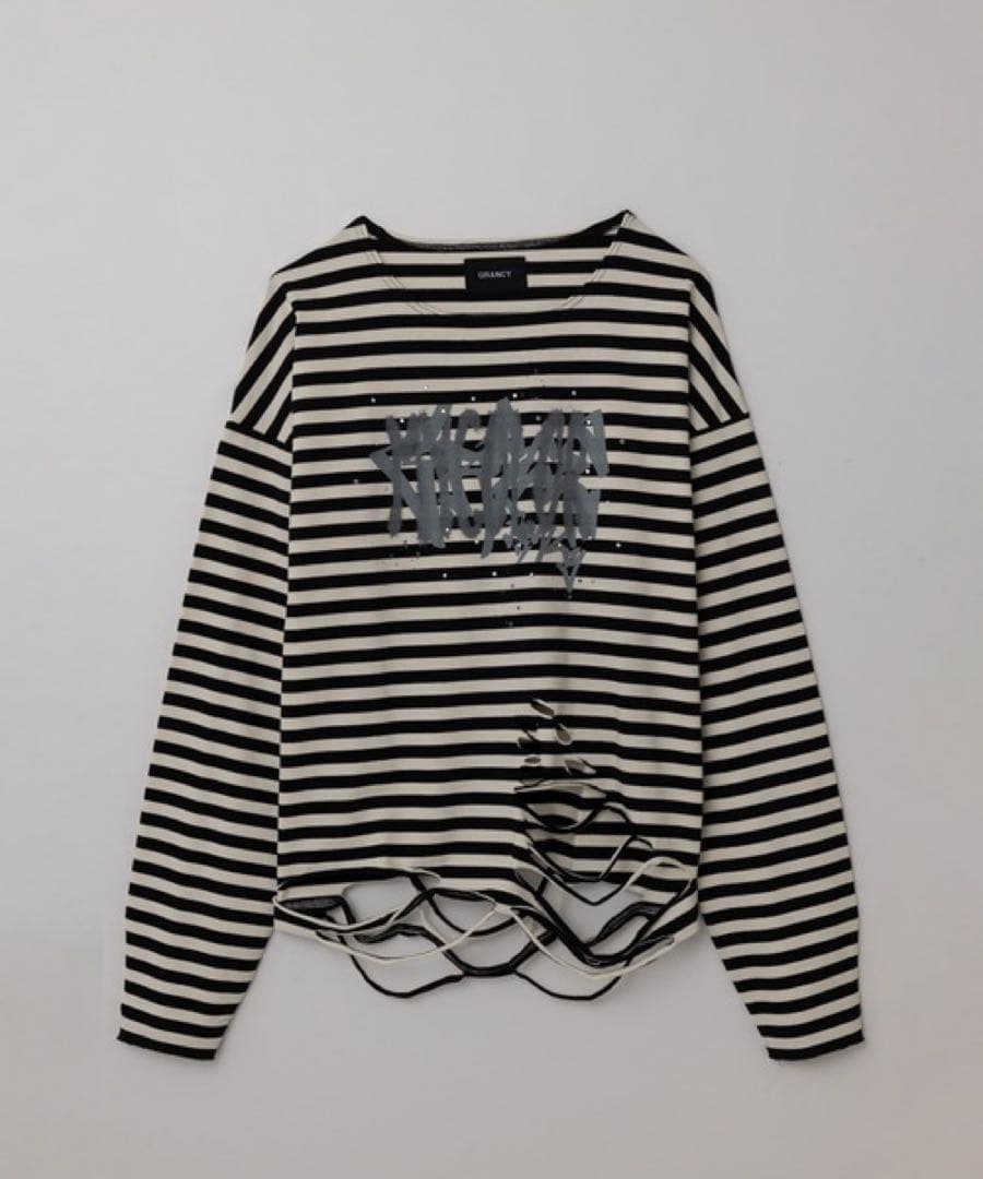 【GRANCY】総柄ラインストーングラフィックロンT ボーダー　Lサイズ