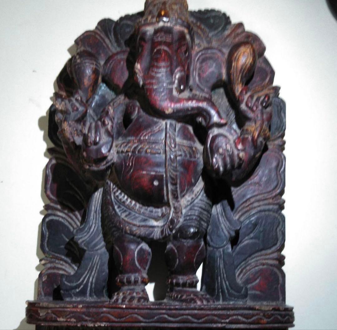 インド　木彫りのガネーシャ像　アンティーク品聖天