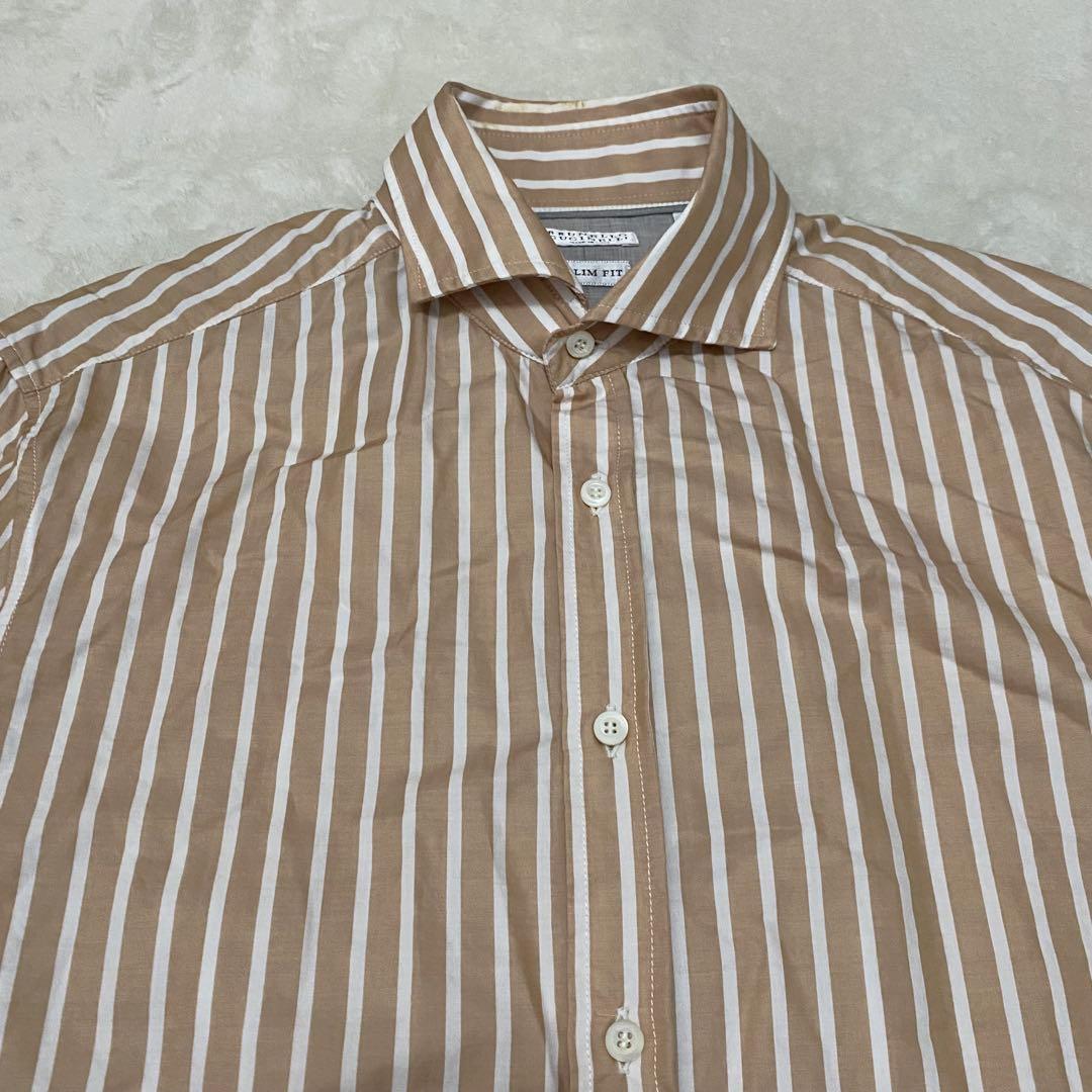ブルネロクチネリ ストライプシャツ スリムフィット ライトブラウン コットン S