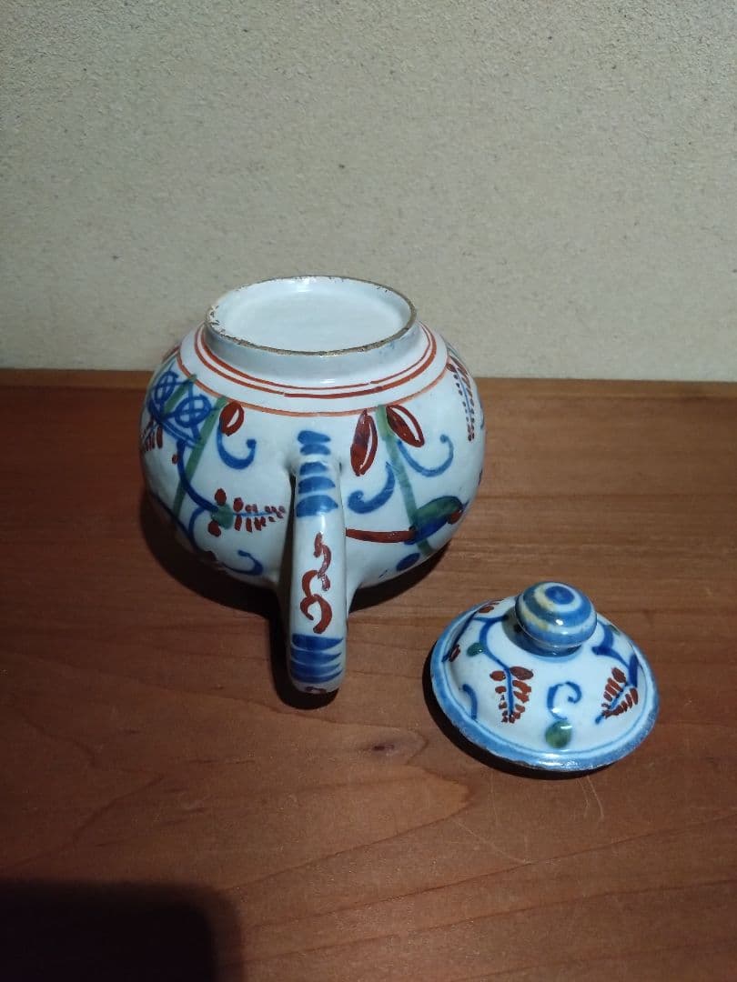 阿蘭陀    藍紅毛色絵 花鳥紋水注  急須