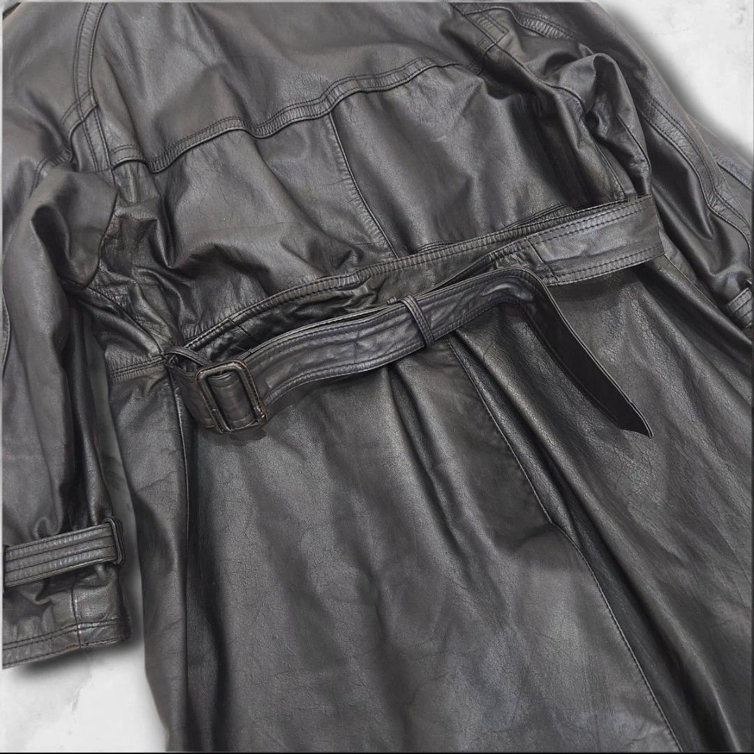 希少 90s 牛革レザートレンチコート カウスキン ブラック 黒 XL相当