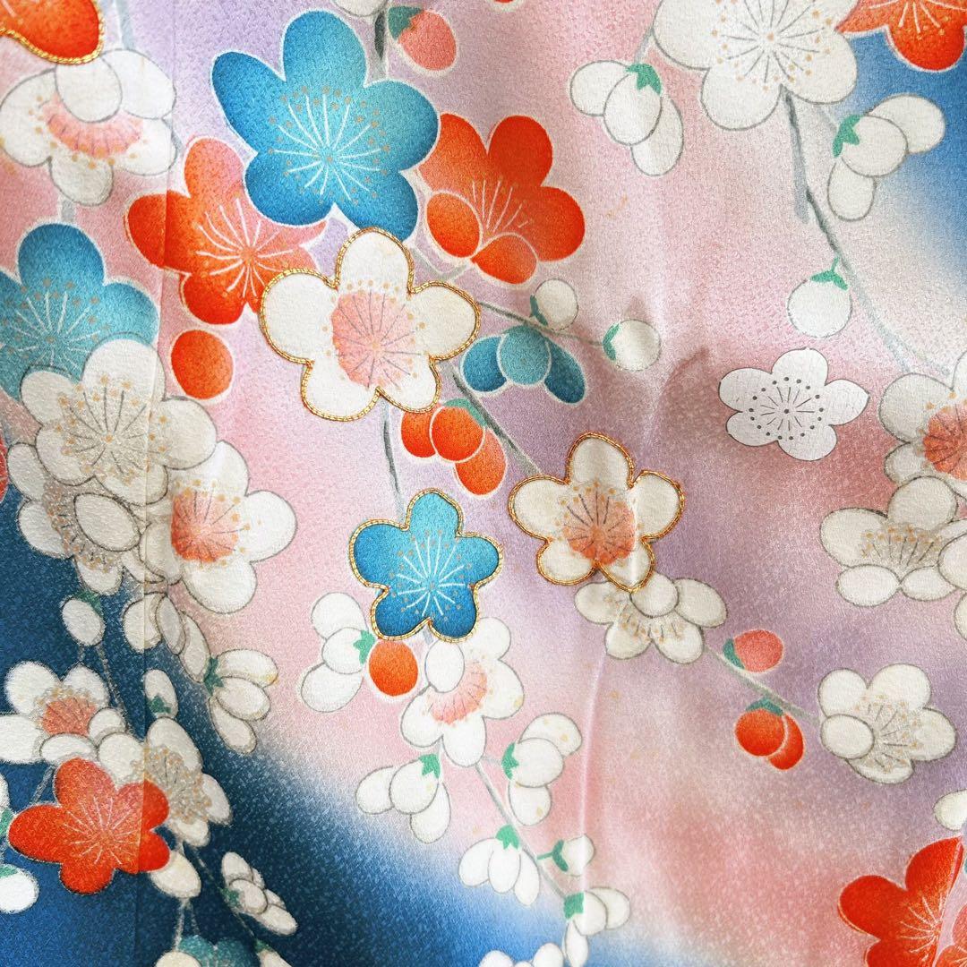 フルセット 七五三 7歳女の子 長着＆長襦袢＆帯＆小物　青地　金糸　地紋　梅