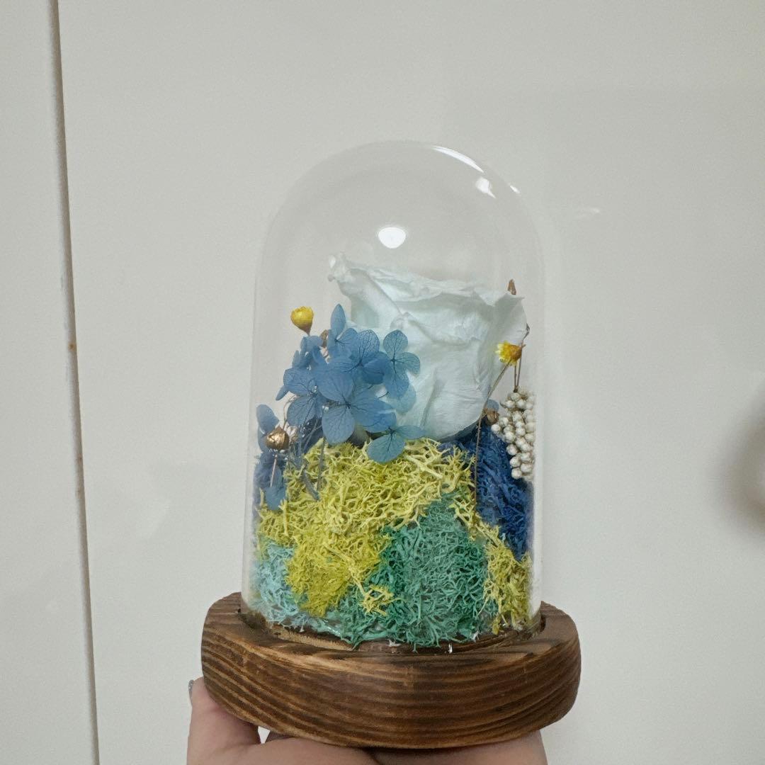 プリザーブドフラワー 水色のバラ バラの置物 花ギフト ガラスケース付き