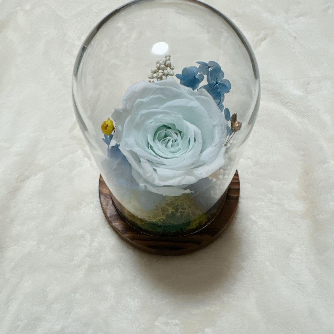 プリザーブドフラワー 水色のバラ バラの置物 花ギフト ガラスケース付き